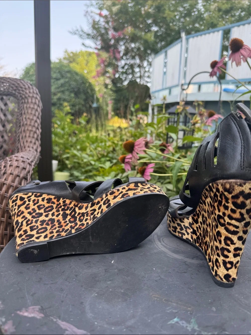 Black Leather Cutout Wedge Sandals with Leopard Print Platform